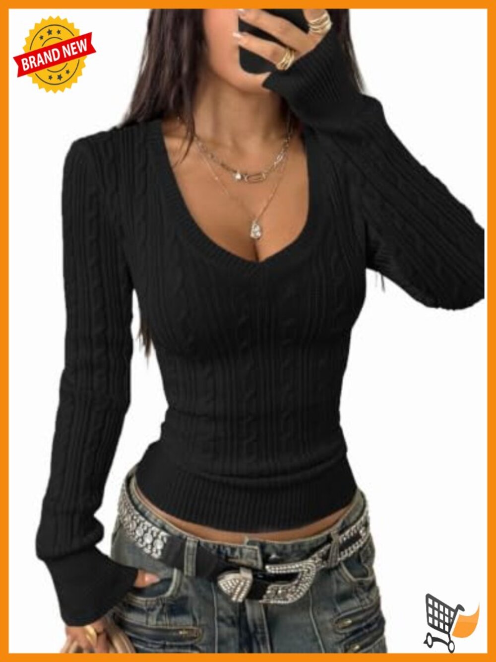 Womens V Neck Cable Knit Sweater Slim Fit Long Sleeve Pullover Top